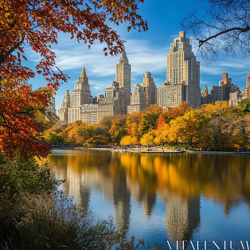 Urban Autumn Scene with Golden Trees and Reflective Lake AI Image