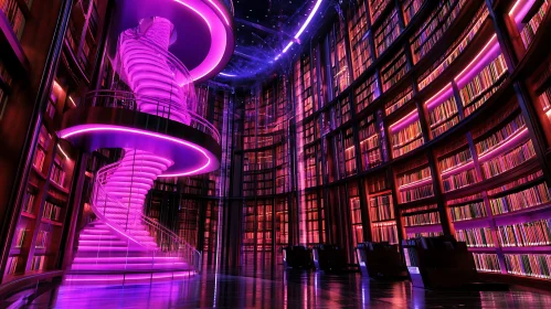 Modern Library Interior with Neon Lights