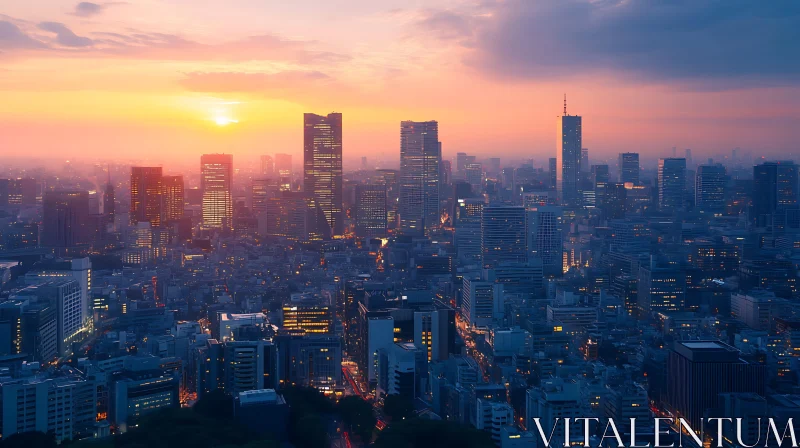 Gleaming Skyscrapers Under Setting Sun in Urban Skyline