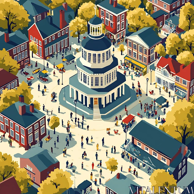 Lively Town Square with Central Historic Building