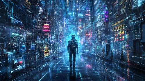 High-Tech Neon City with Silhouetted Figure