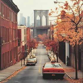 Urban Autumn Street with Brooklyn Bridge View