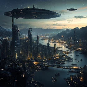 Sci-Fi Urban Nightscape with High-Rise Buildings and Spaceships