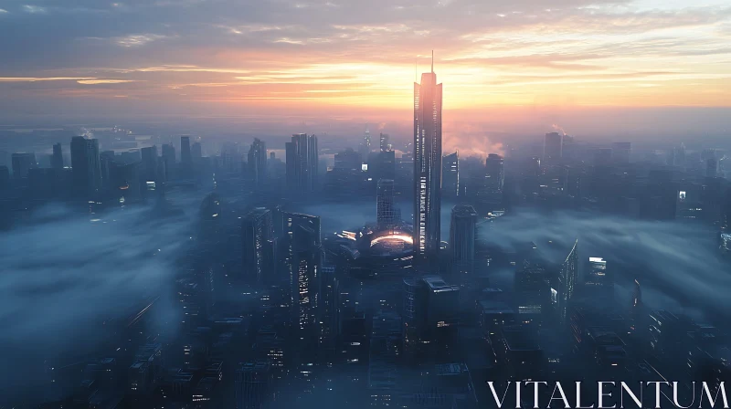 Skyline at Sunset with Misty Skyscrapers