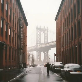 Misty Cityscape with Red-Brick Buildings and Bridge