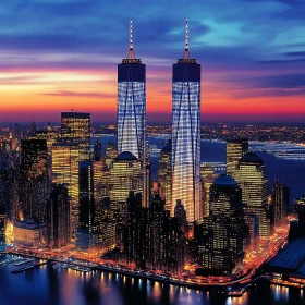 Twilight Cityscape with Illuminated Skyscrapers