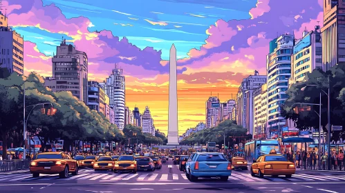 Urban Avenue with Obelisk at Dusk