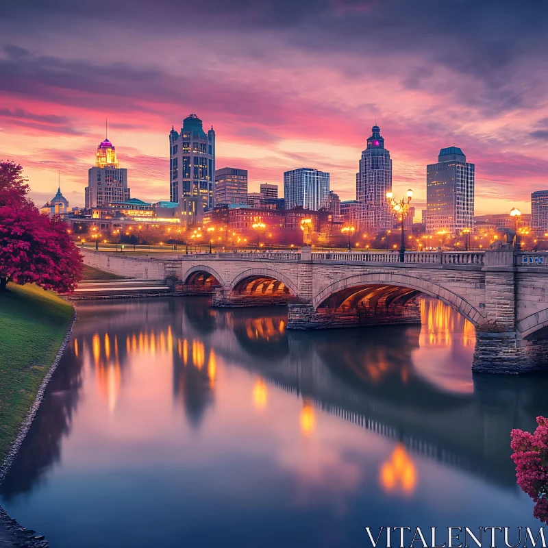 Sunset City View with Glowing Lights and River Reflections
