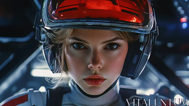 Focused Female Astronaut in High-Tech Space Helmet