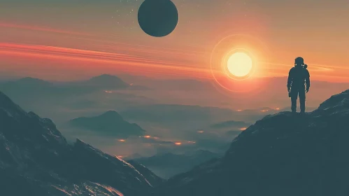 Space Explorer Witnessing a Breathtaking Celestial Sunset