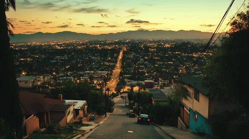 Sunset over a Bustling City with a Majestic Mountain Background