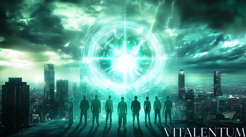 Silhouettes Facing a Green Energy Portal in Futuristic City