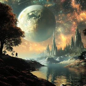Surreal Fantasy World with Castle and Planet
