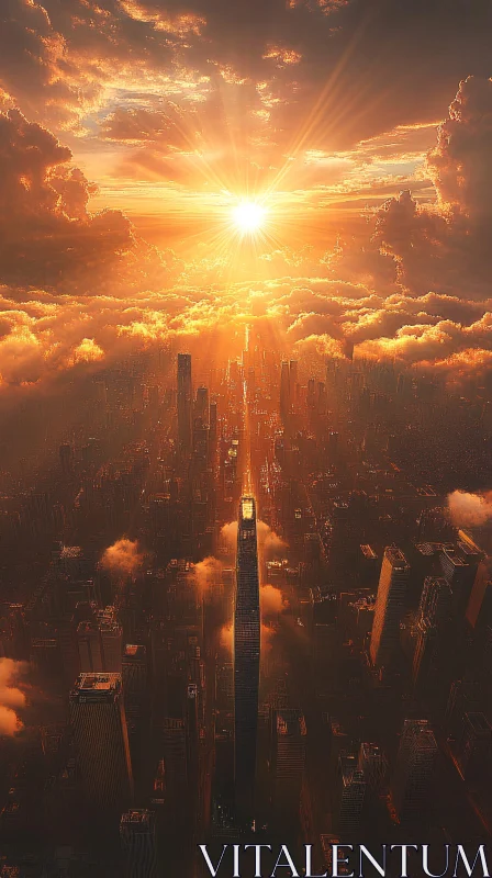 Sunset Skyline with Skyscrapers and Golden Clouds