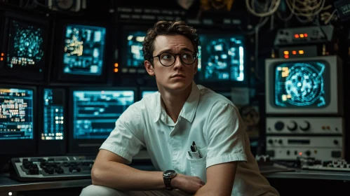 Technician Surrounded by Data Screens in a Control Room