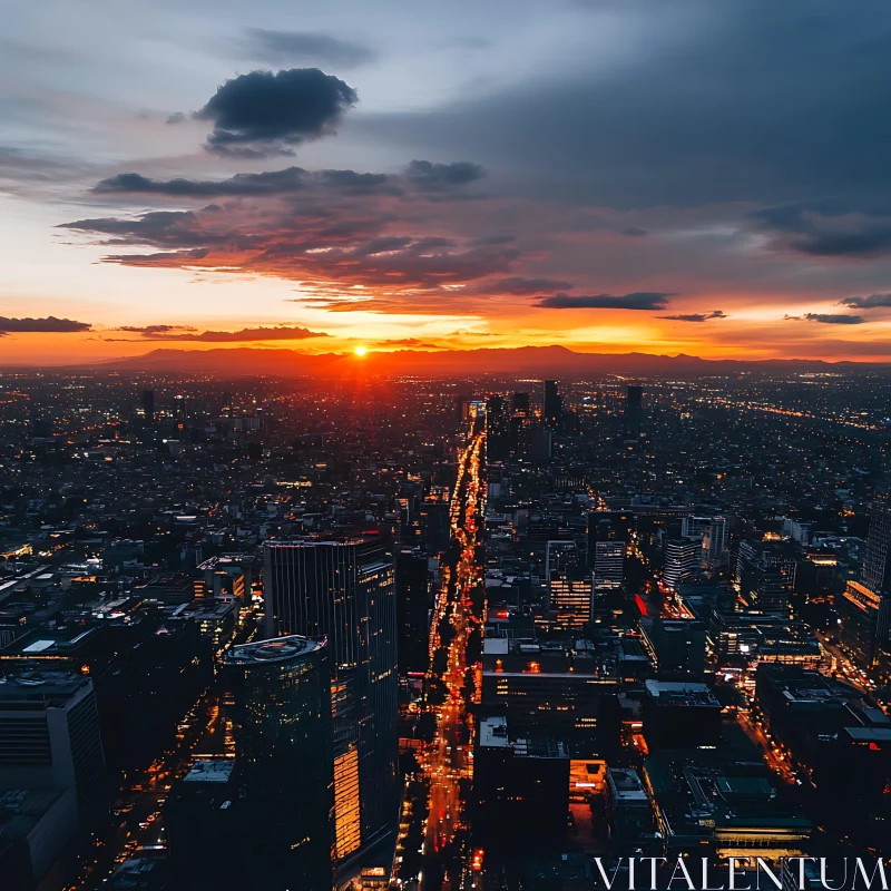 Sunset Over Urban Skyline with City Lights