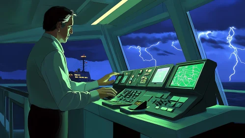 Ship Control Room Amidst a Storm