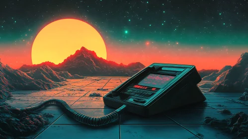 Sci-Fi Sunset Over Mountains with Communication Device