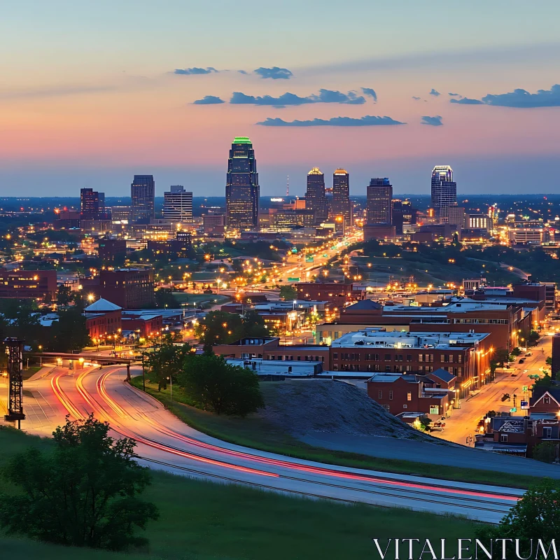 Twilight Urban Landscape with Gleaming Buildings AI Image
