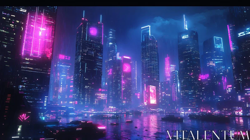 Neon Skyline in a Futuristic Rainy Night AI Image