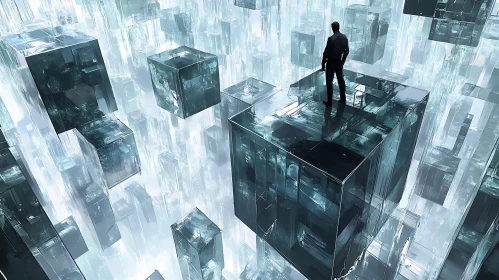 Surreal Floating Cubes with a Lone Individual