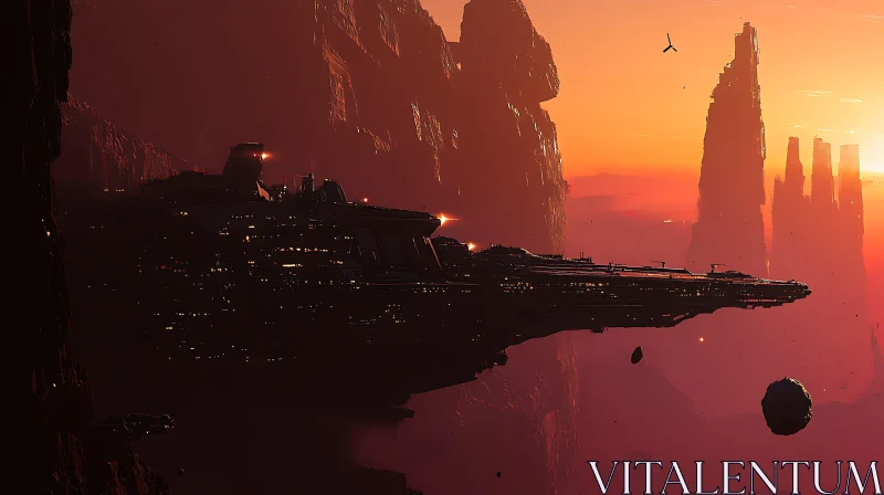 Spaceship Docked on Alien Cliff at Sunset