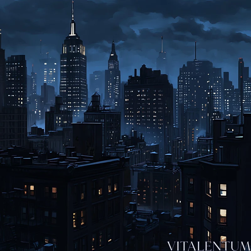 Urban Night Skyline with Bright Building Lights