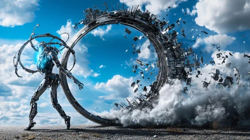 Cyborg and Disintegrating Ring under Cloudy Sky