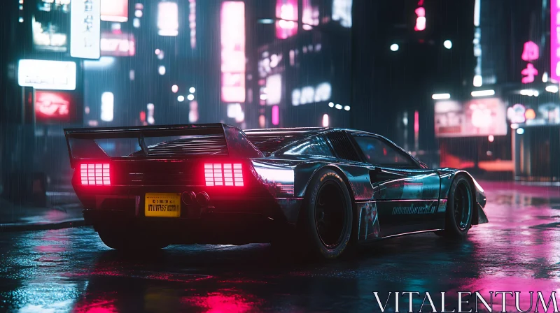 Cyberpunk Night Scene with Futuristic Car AI Image