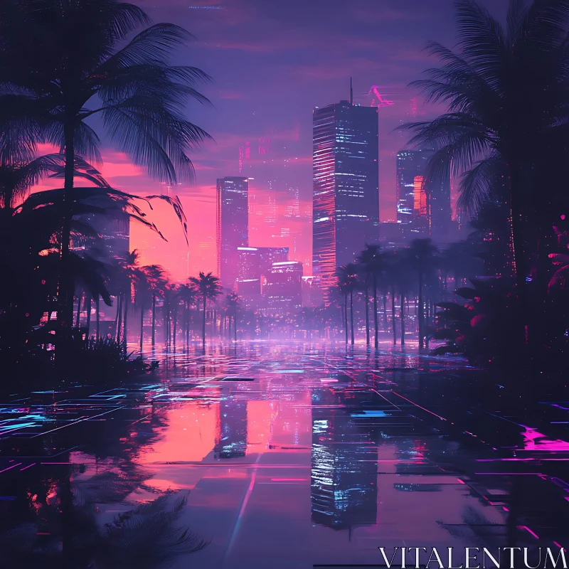 AI ART Futuristic Night City with Neon Reflections