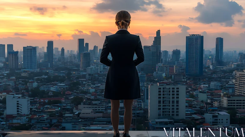 City Sunset with Woman on Rooftop AI Image