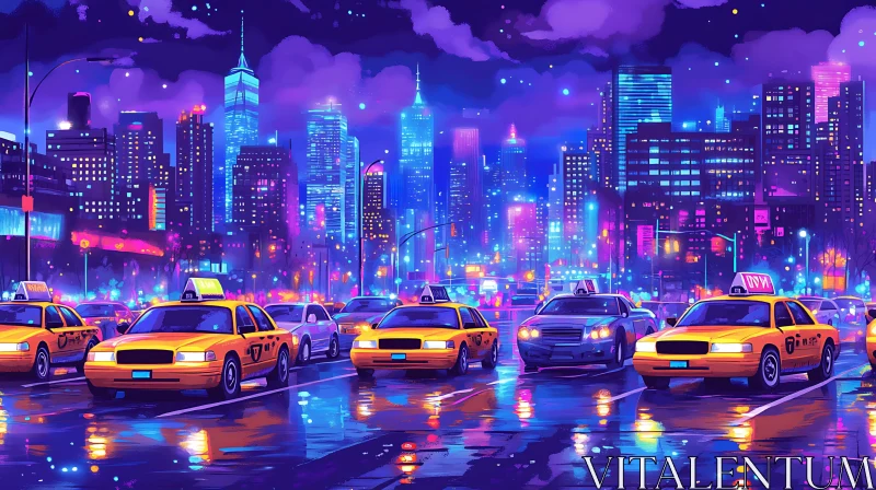 Urban Night Scene with Yellow Taxis AI Image