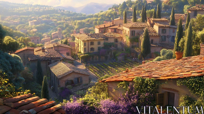 Idyllic Village with Vineyards in Rolling Hills AI Image