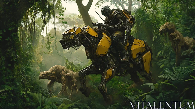 Cyborg in Dense Jungle with Robotic Animal Companions AI Image