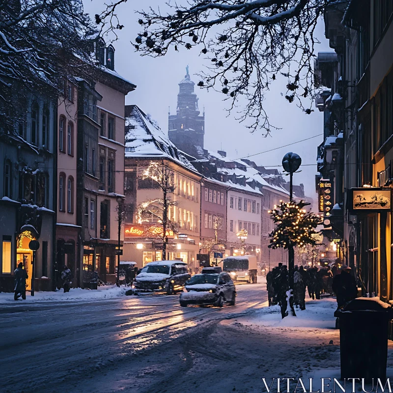 Snowy Evening in the City with Beautiful Lights AI Image