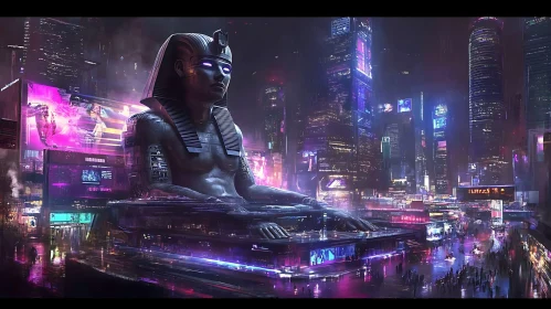 Neon-lit Urban Landscape with Pharaoh Monument