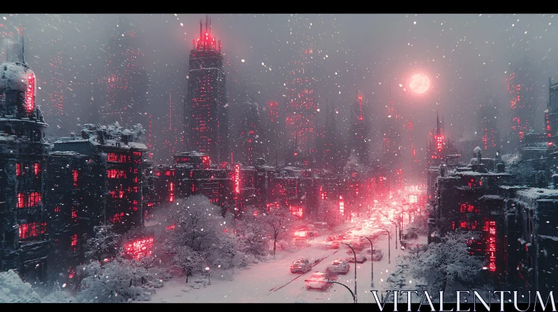 Snow-covered Urban Nightscape with Red Neon Glow AI Image