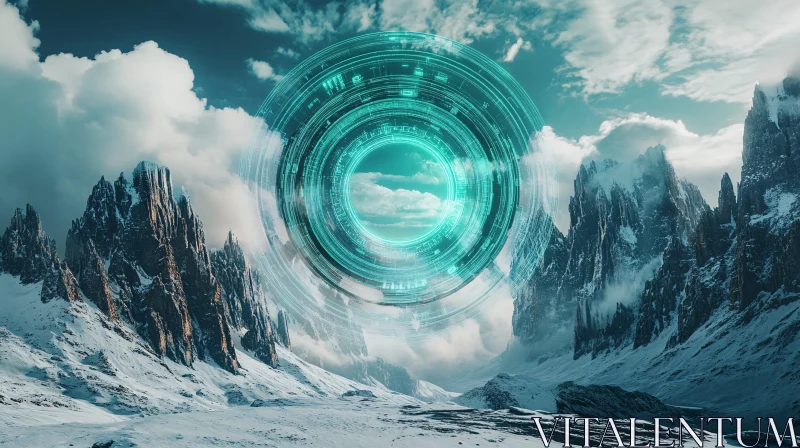 Surreal Snowy Mountains with Futuristic Portal AI Image