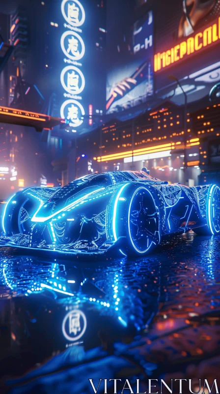 High-Tech City with Neon Lights and Futuristic Car AI Image