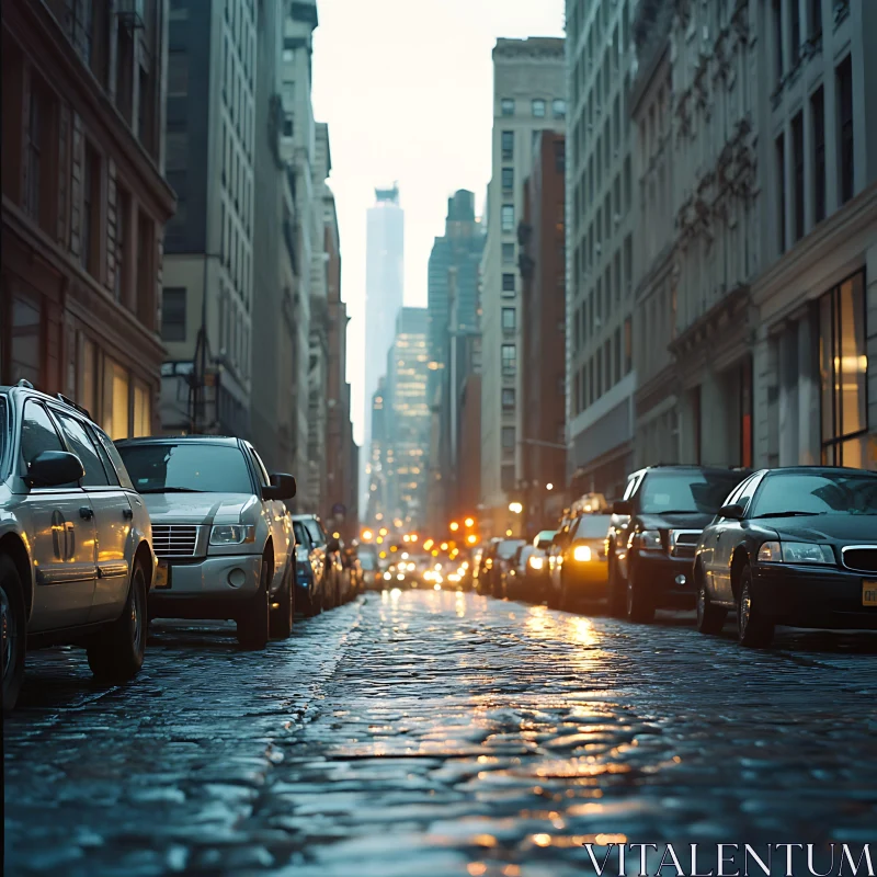 Urban Street with Cars and Glowing City Lights AI Image