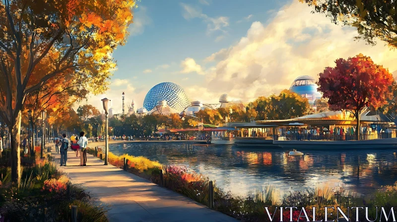 Autumnal Park by the Waterfront with Modern Dome Structure AI Image