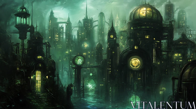 Mystical Nighttime City with Green Lights AI Image