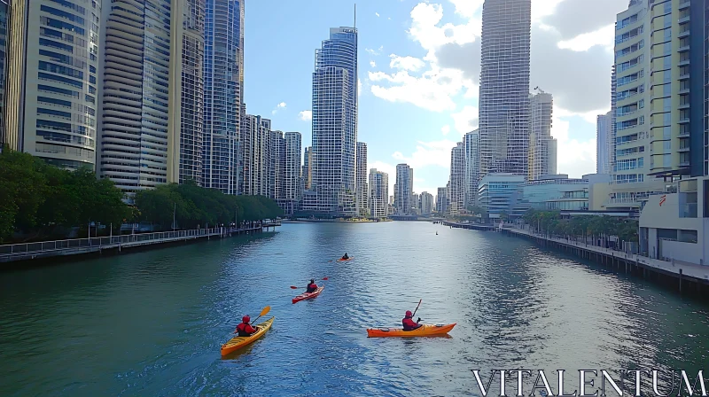 Kayakers Paddling Through an Urban River AI Image