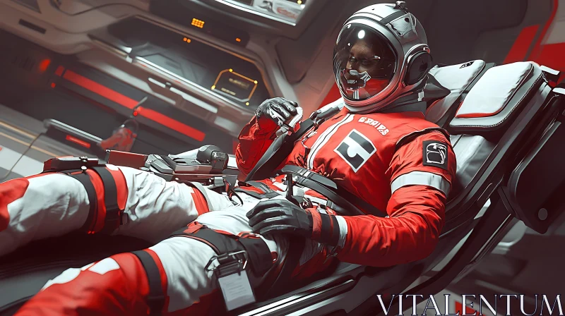 Astronaut in Red Spacesuit in High-Tech Cockpit AI Image