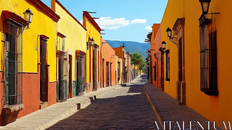 AI ART Vibrant Architectural Street with Scenic Mountain Backdrop