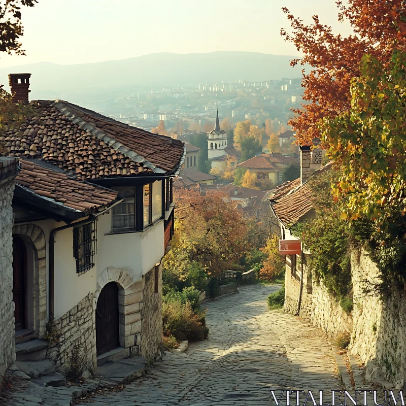 Historic Street Scene with Autumn Foliage AI Image