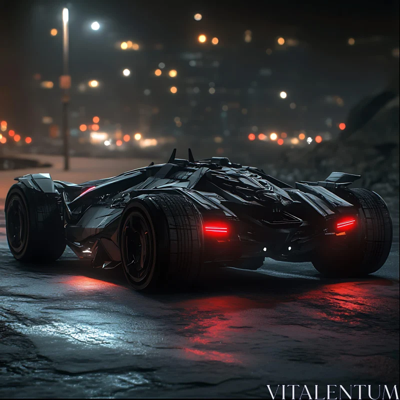 Sleek Futuristic Vehicle in Nighttime Cityscape AI Image