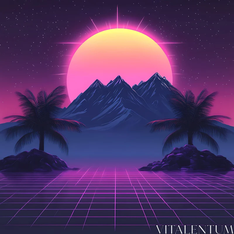 Retro-Futuristic Landscape with Glowing Pink Sun AI Image