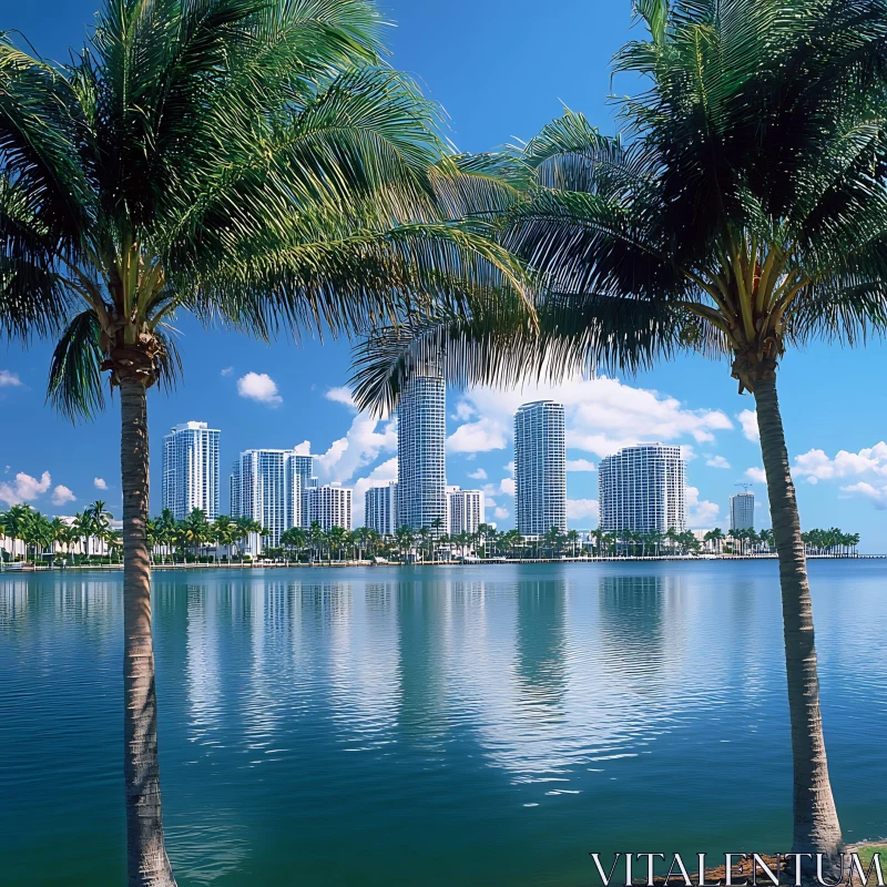 Urban Oasis: Skyscrapers Reflecting on Calm Waters Framed by Palm Trees AI Image