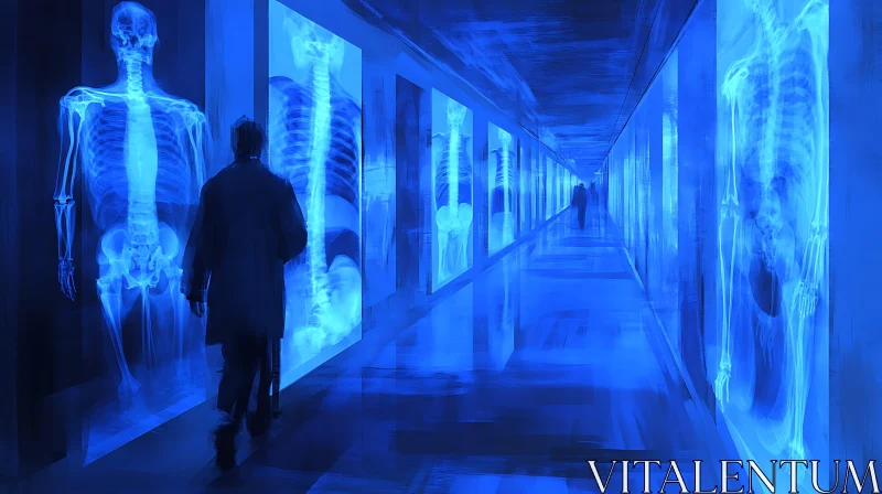 Eerie Blue Hallway with Human X-Rays AI Image